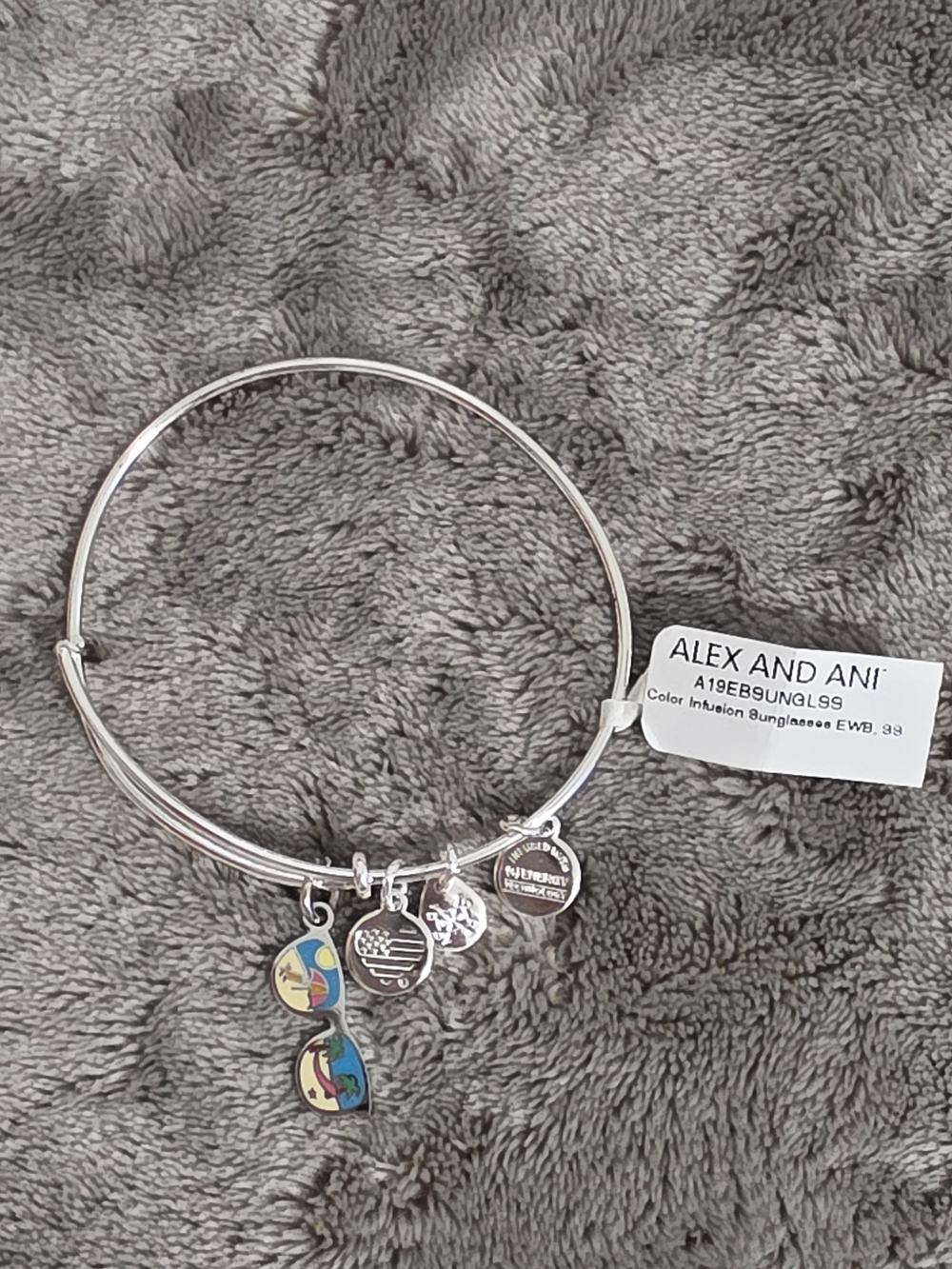 Alex and Ani Silver Tone Bangle with Colorful Enamel Sunglasses Charm